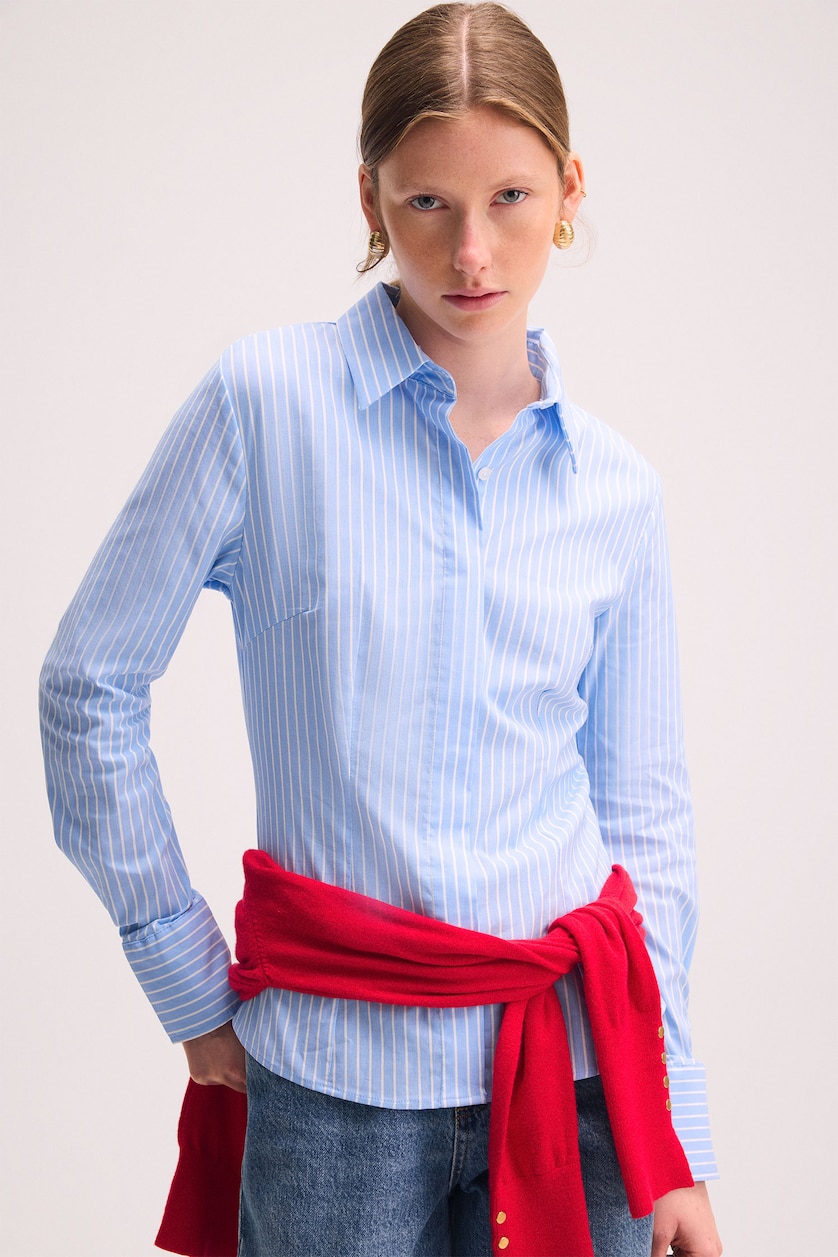 Women Blue Fitted Striped Bengaline Long Sleeve Shirt