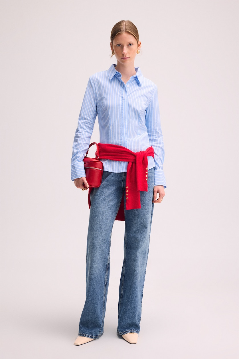 Women Blue Fitted Striped Bengaline Long Sleeve Shirt