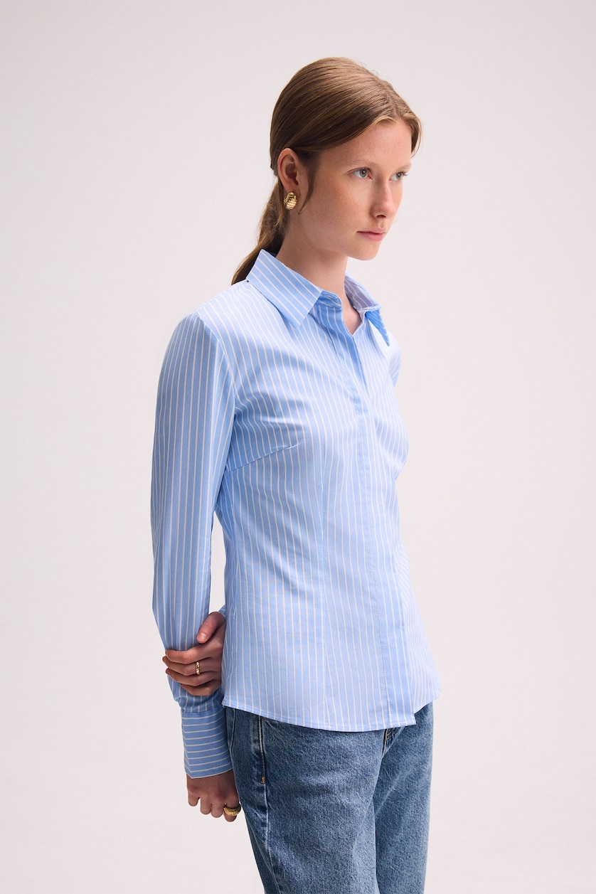 Women Blue Fitted Striped Bengaline Long Sleeve Shirt