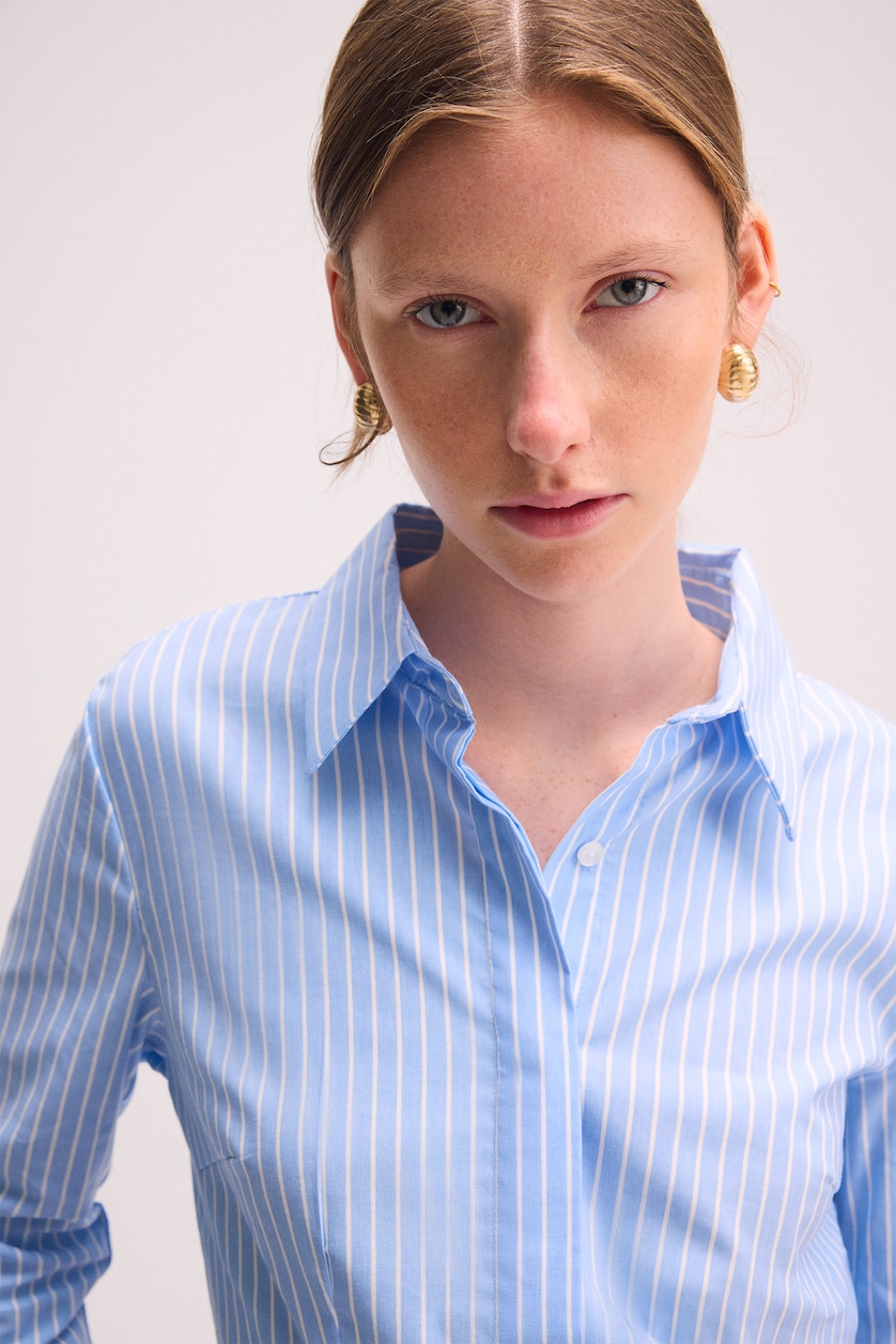 Women Blue Fitted Striped Bengaline Long Sleeve Shirt