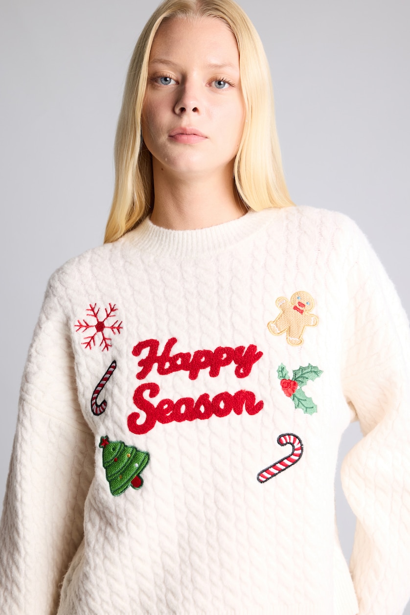 WOMAN Ecru Regular Fit Crew Neck Knitted Christmas Pullover