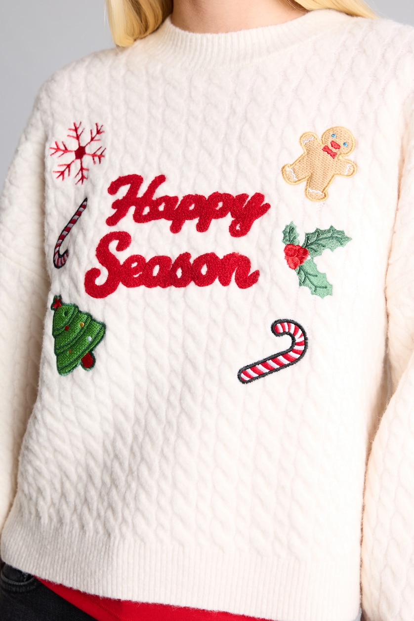 WOMAN Ecru Regular Fit Crew Neck Knitted Christmas Pullover