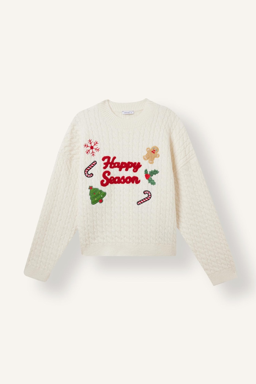WOMAN Ecru Regular Fit Crew Neck Knitted Christmas Pullover