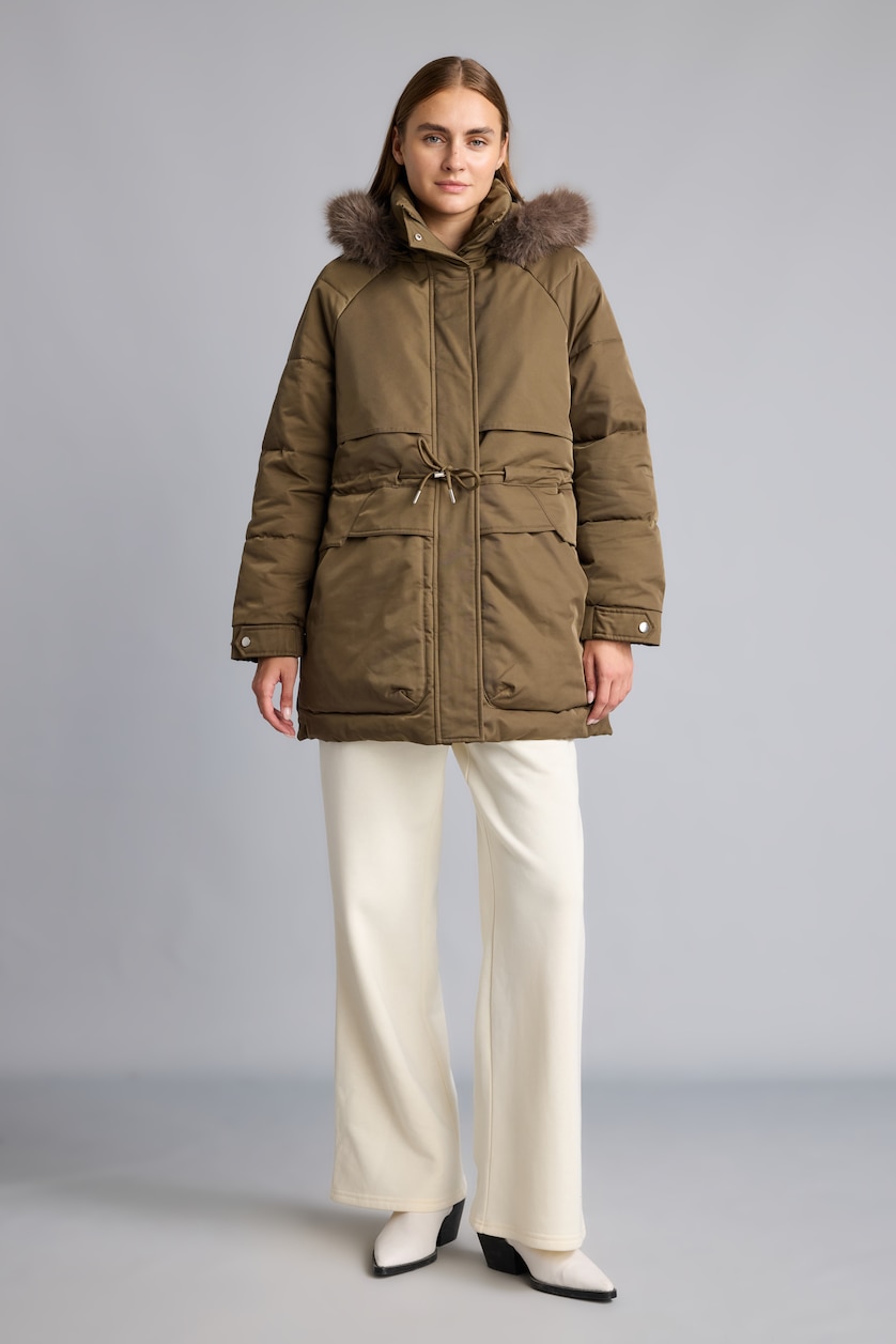 Kadın Haki Regular Fit Kürk Kapüşonlu Parka