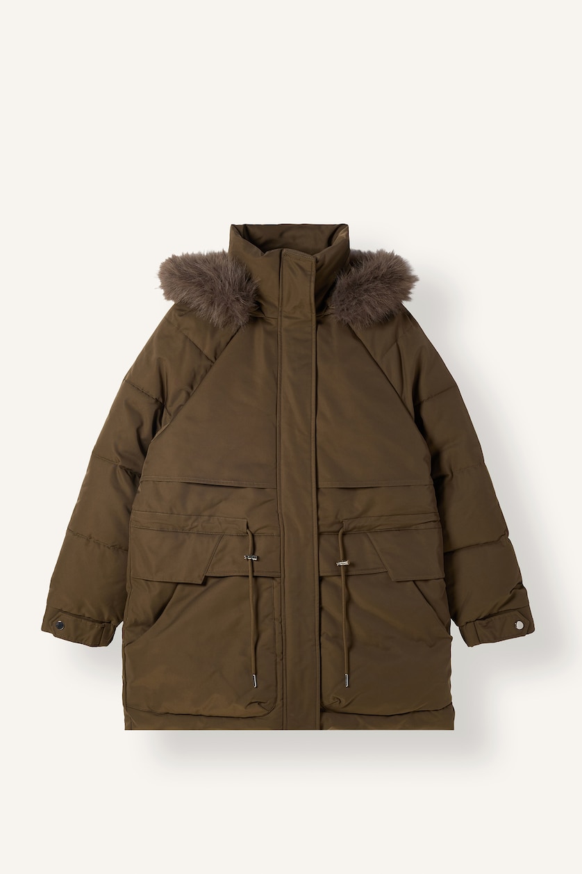 Kadın Haki Regular Fit Kürk Kapüşonlu Parka