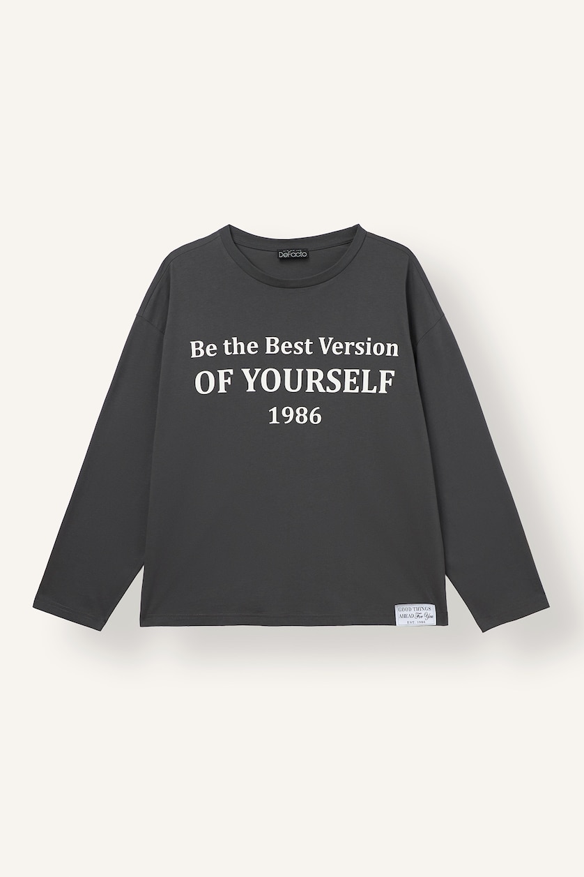WOMAN Anthracite Oversize Fit Printed 100% Cotton Crew Neck Long Sleeve T-Shirt