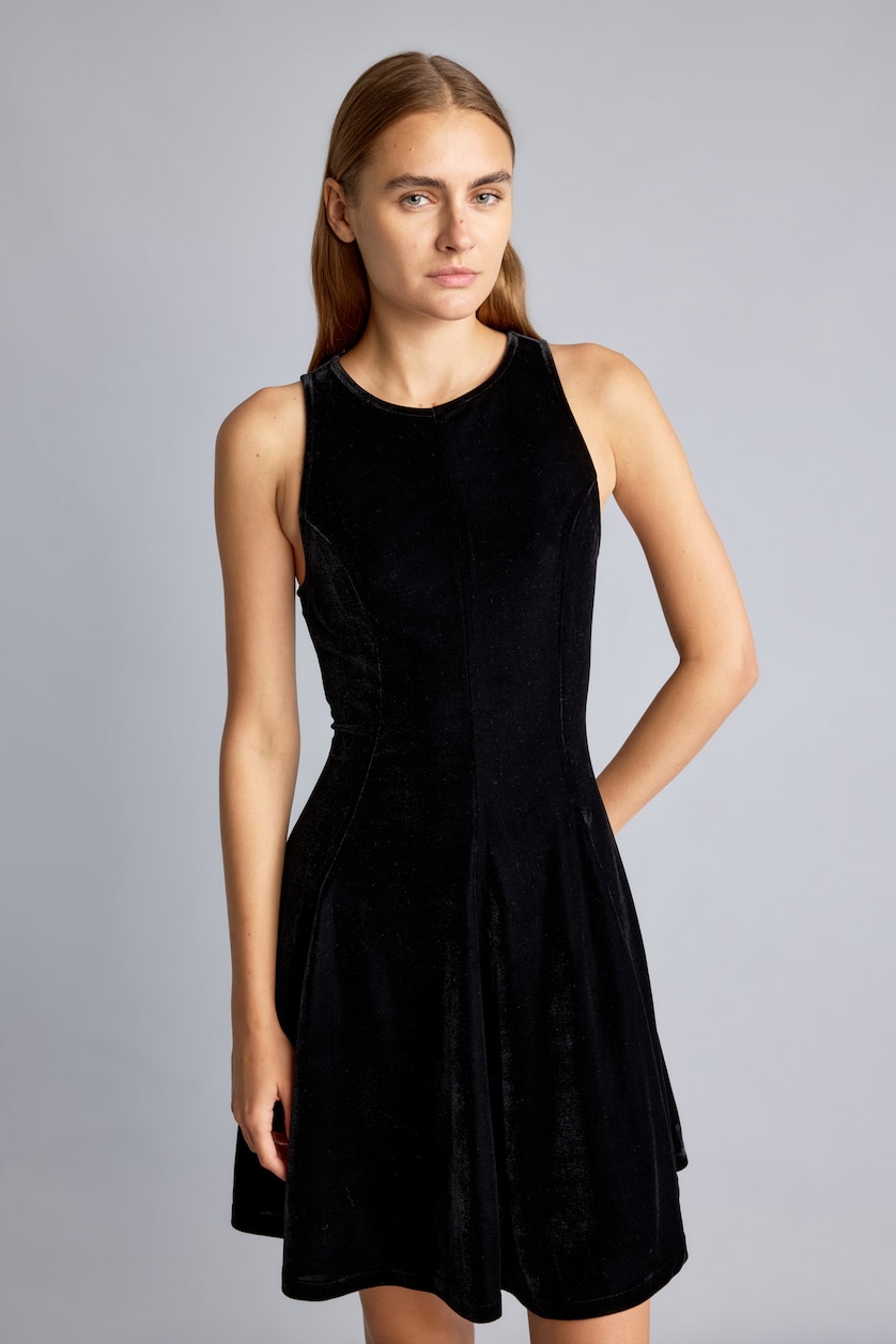 WOMAN Black Baby Girl Flared Fit Short Sleeve Corduroy Mini Dress