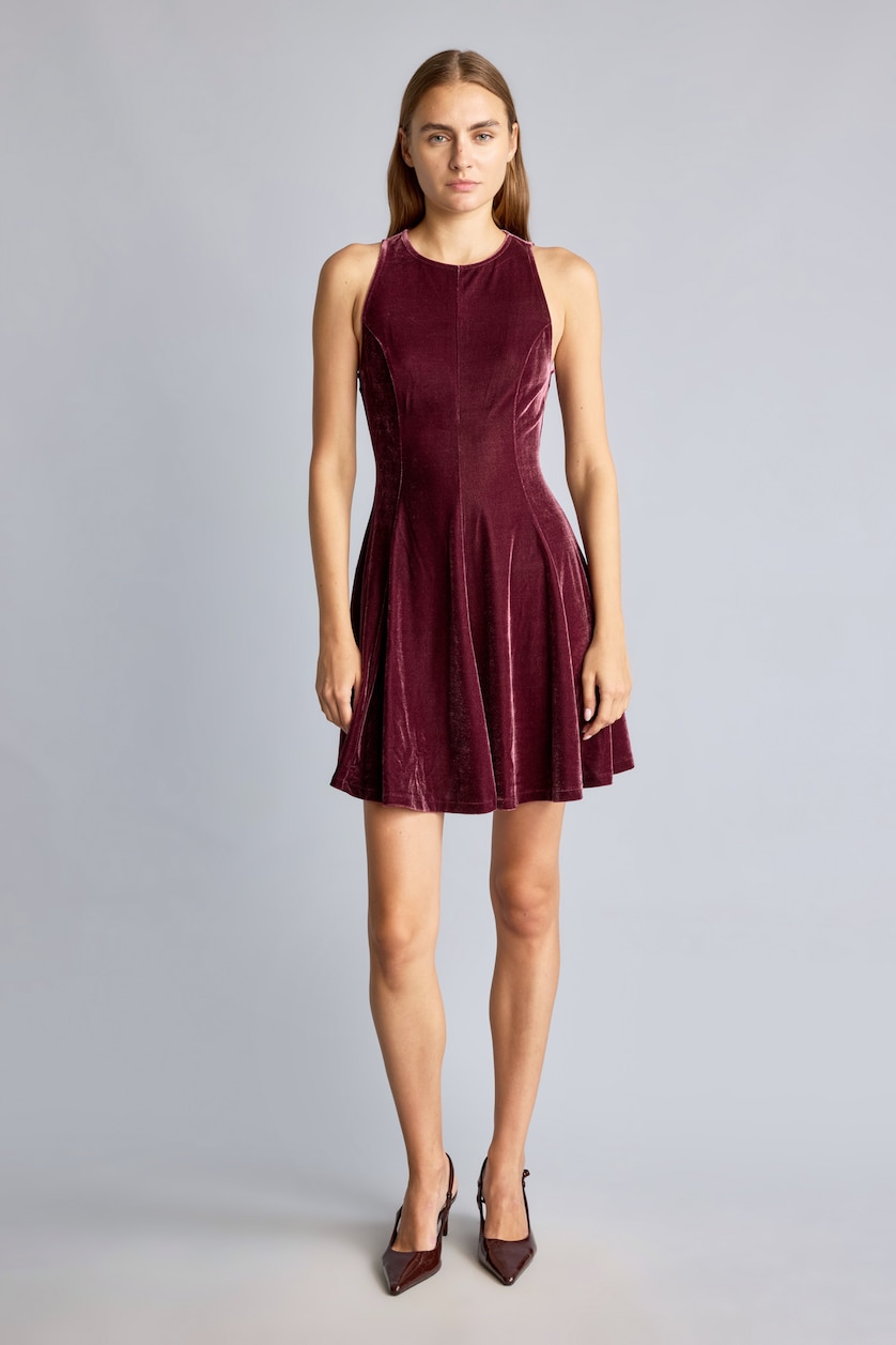 WOMAN Bordeaux Flared Fit Short Sleeve Velvet Mini Dress
