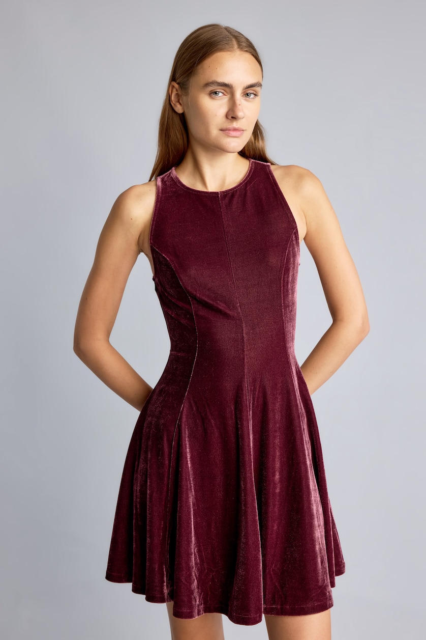 WOMAN Bordeaux Flared Fit Short Sleeve Velvet Mini Dress