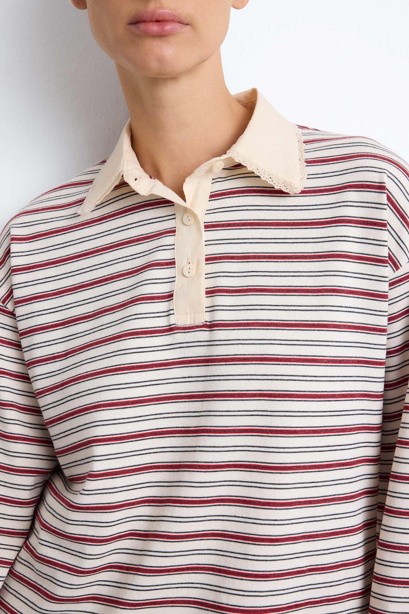 Kadın Ekru Polo Yaka Çizgili Relax Fit Tunik