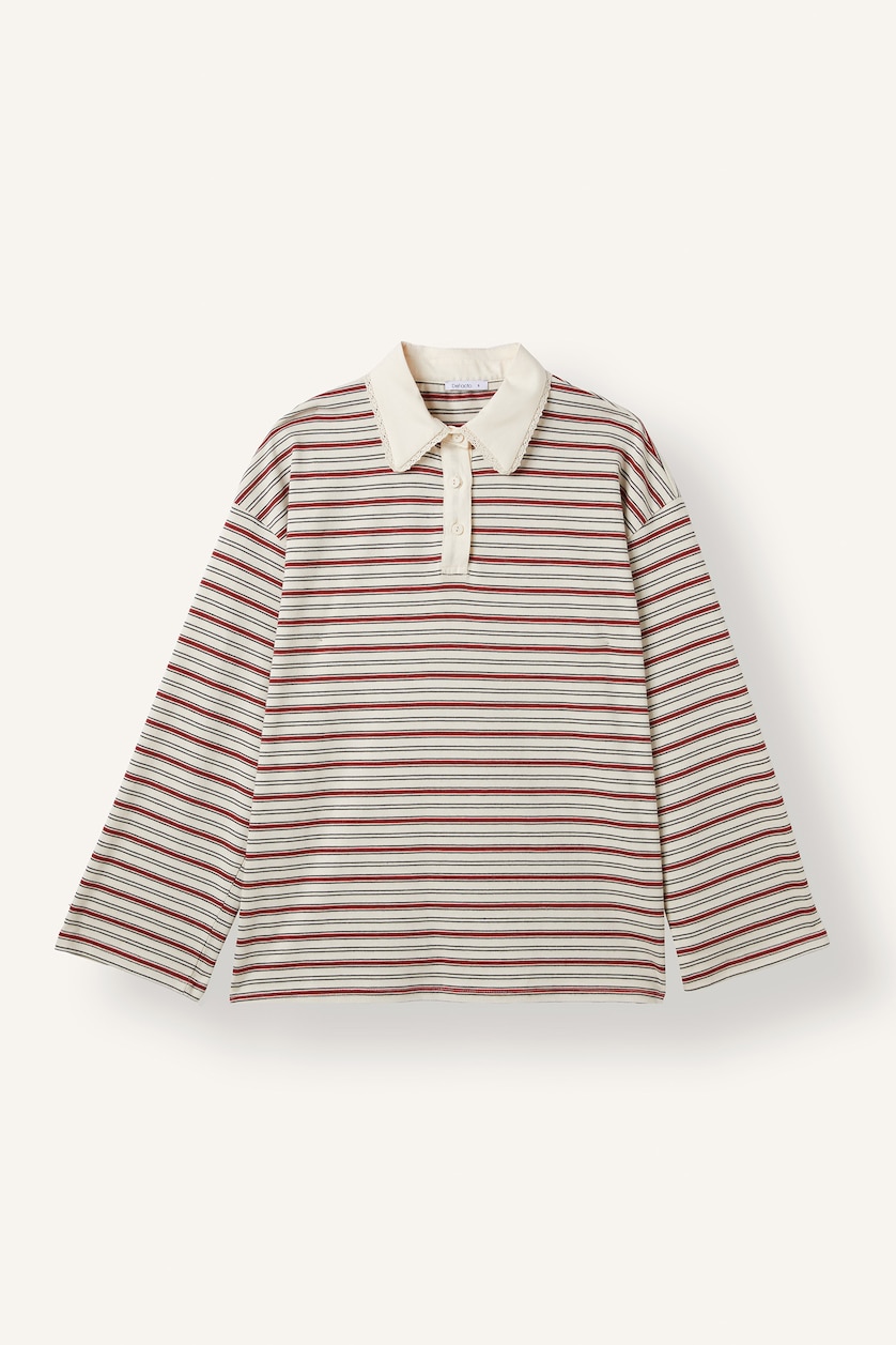 Kadın Ekru Polo Yaka Çizgili Relax Fit Tunik