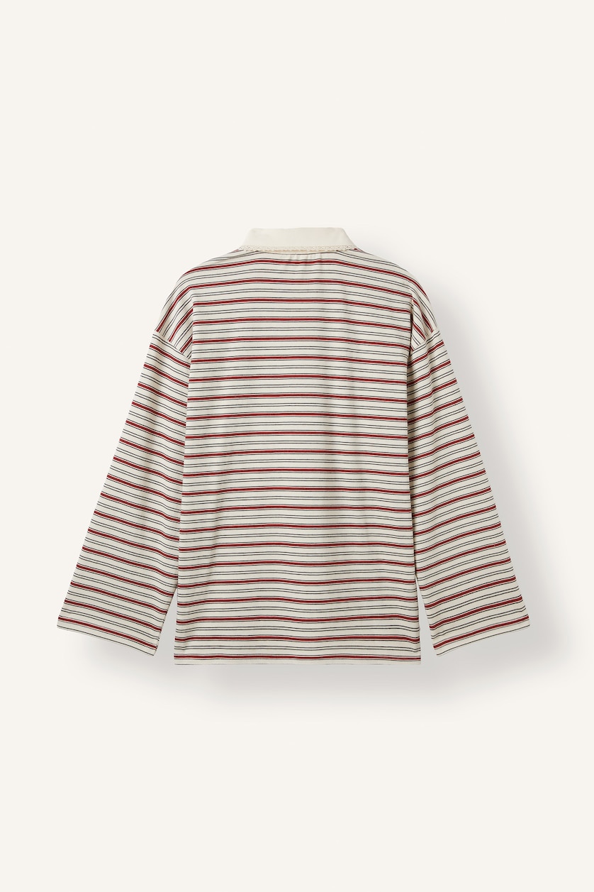 Kadın Ekru Polo Yaka Çizgili Relax Fit Tunik