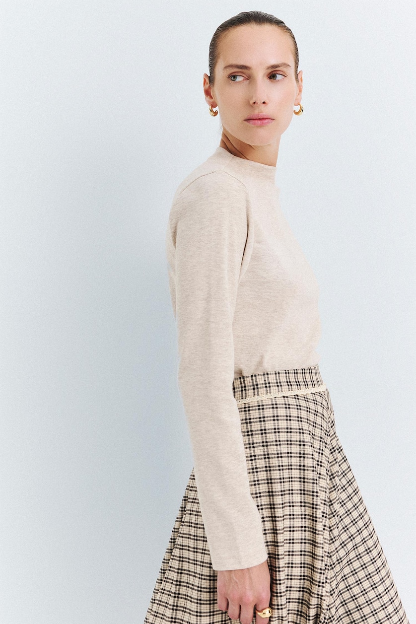 نساء Doğal Bej Slim Fit Ribana Long Sleeve Tunic