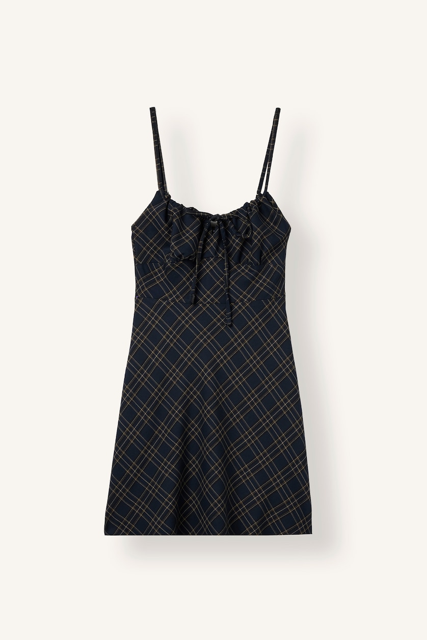 Woman NAVY Crew Neck Plaid Sleeveless Mini Dress