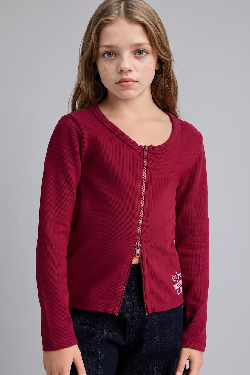 Young Girls - Teen Girls Bordeaux Round Collar Cardigan