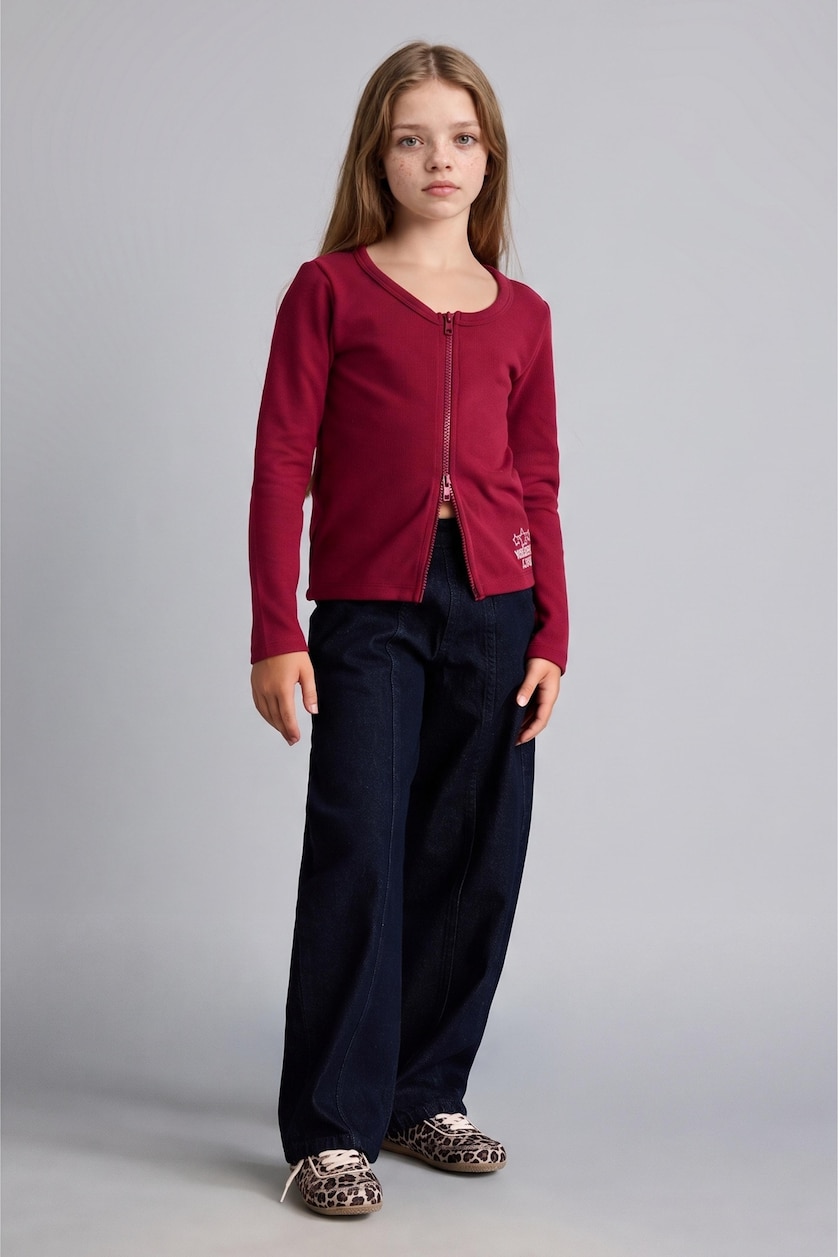 Young Girls - Teen Girls Bordeaux Round Collar Cardigan