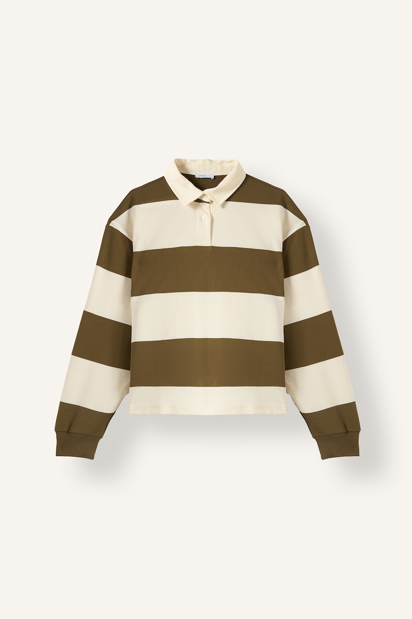 Kadın Kum Long Fit Polo Yaka Çizgili Sweatshirt