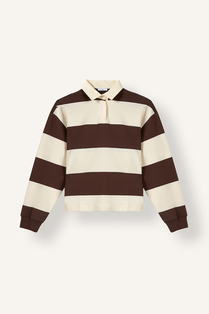 Kadın Kahve Long Fit Polo Yaka Çizgili Sweatshirt