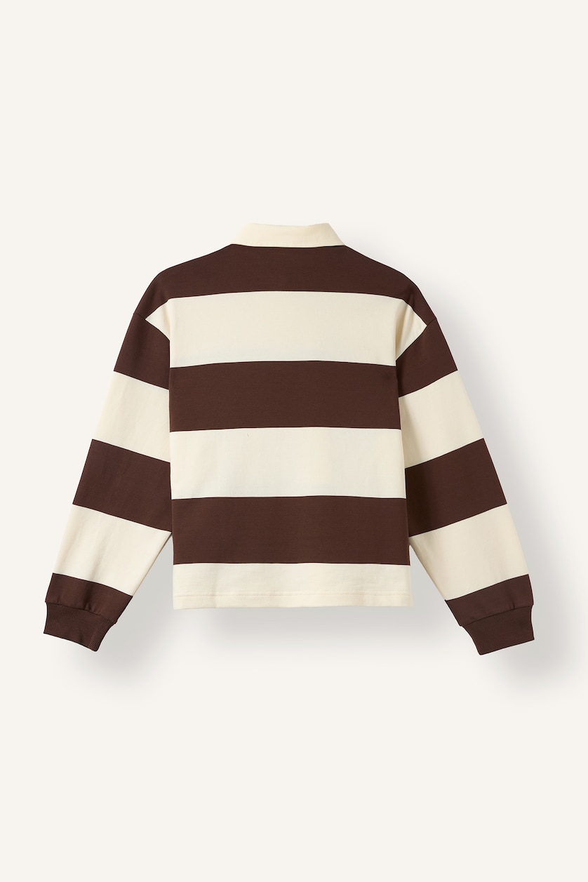 Kadın Kahve Long Fit Polo Yaka Çizgili Sweatshirt