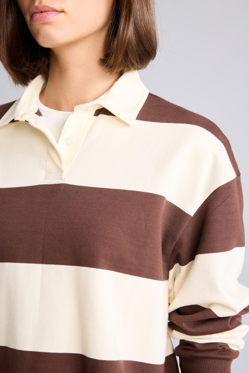 Kadın Kahve %100 Pamuk Long Fit Polo Yaka Çizgili Sweatshirt