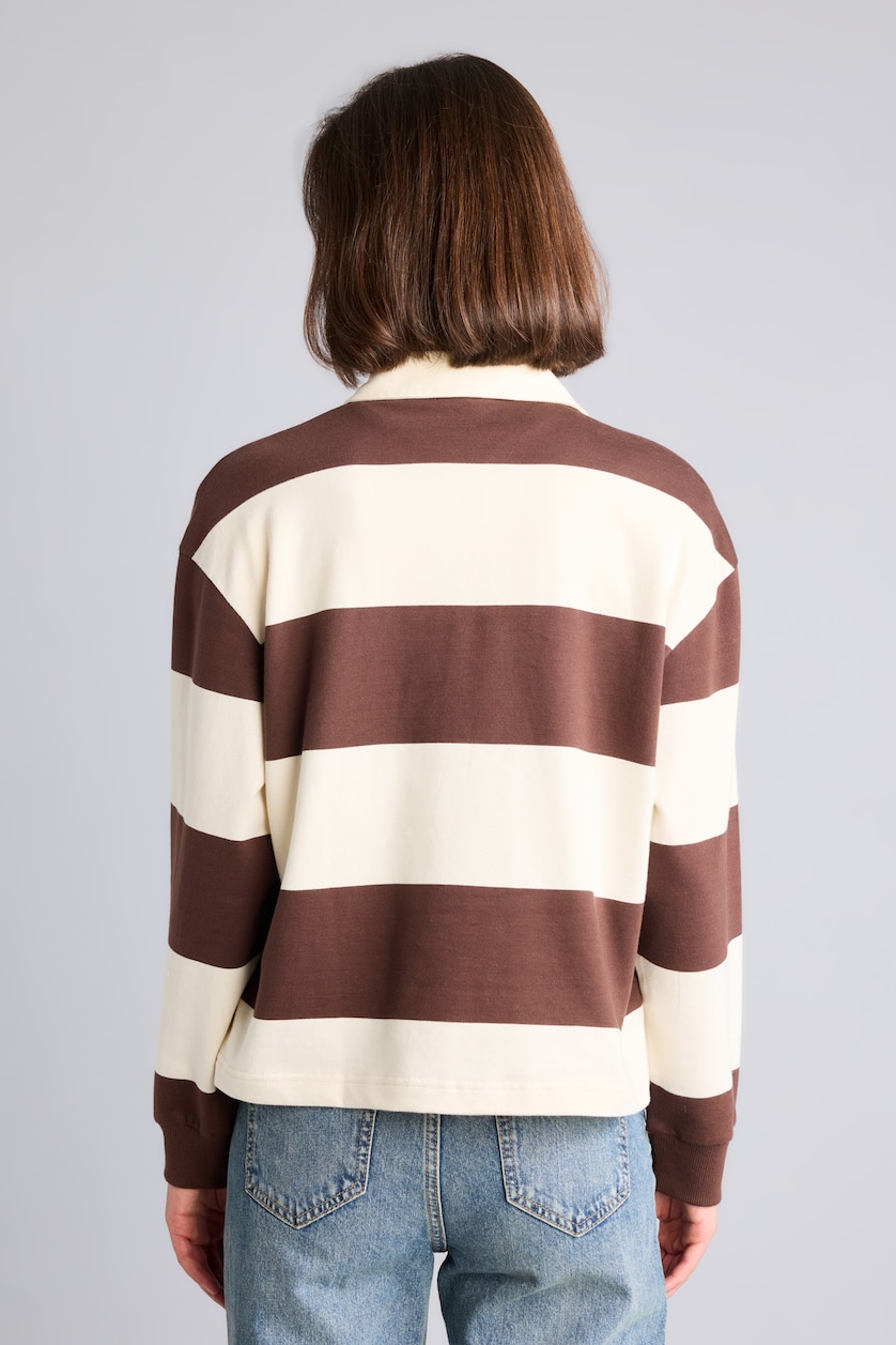 Kadın Kahve %100 Pamuk Long Fit Polo Yaka Çizgili Sweatshirt