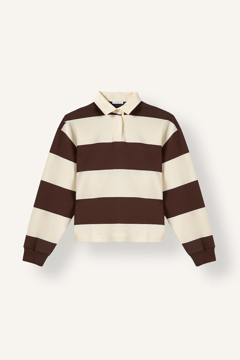 Kadın Kahve %100 Pamuk Long Fit Polo Yaka Çizgili Sweatshirt