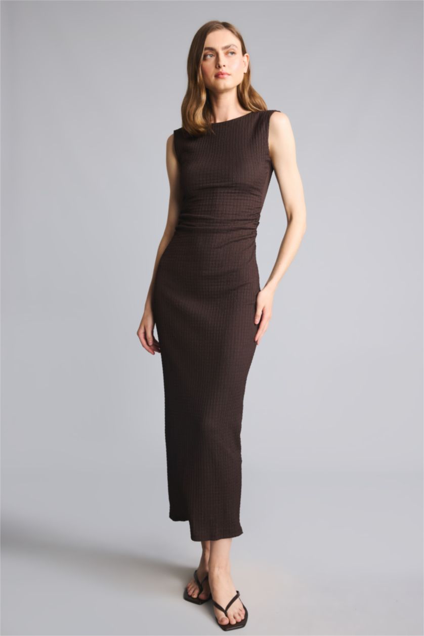 Kadın Kahve Bodycon Vücudu Saran Midi Elbise