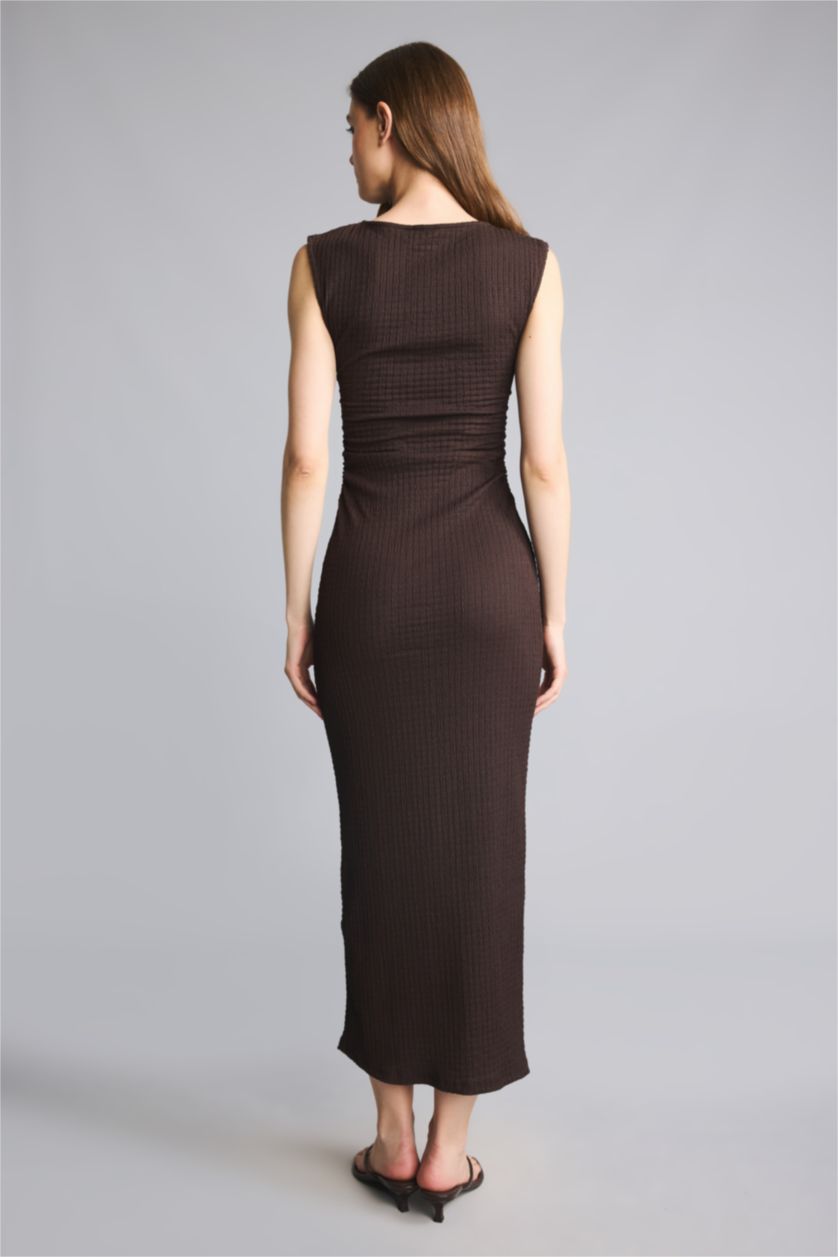 Kadın Kahve Bodycon Vücudu Saran Midi Elbise