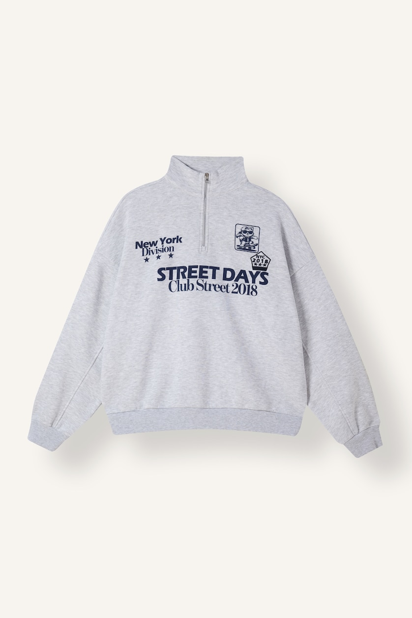 Kadın Açık Gri Melange Oversize Yarım Fermuarlı Baskılı Sweatshirt