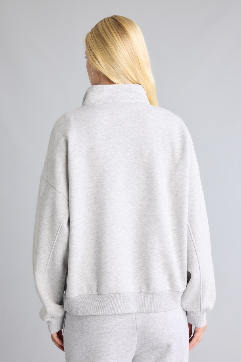 Women Light Grey Melange Oversize Printed Half-Zip Sweatshirt