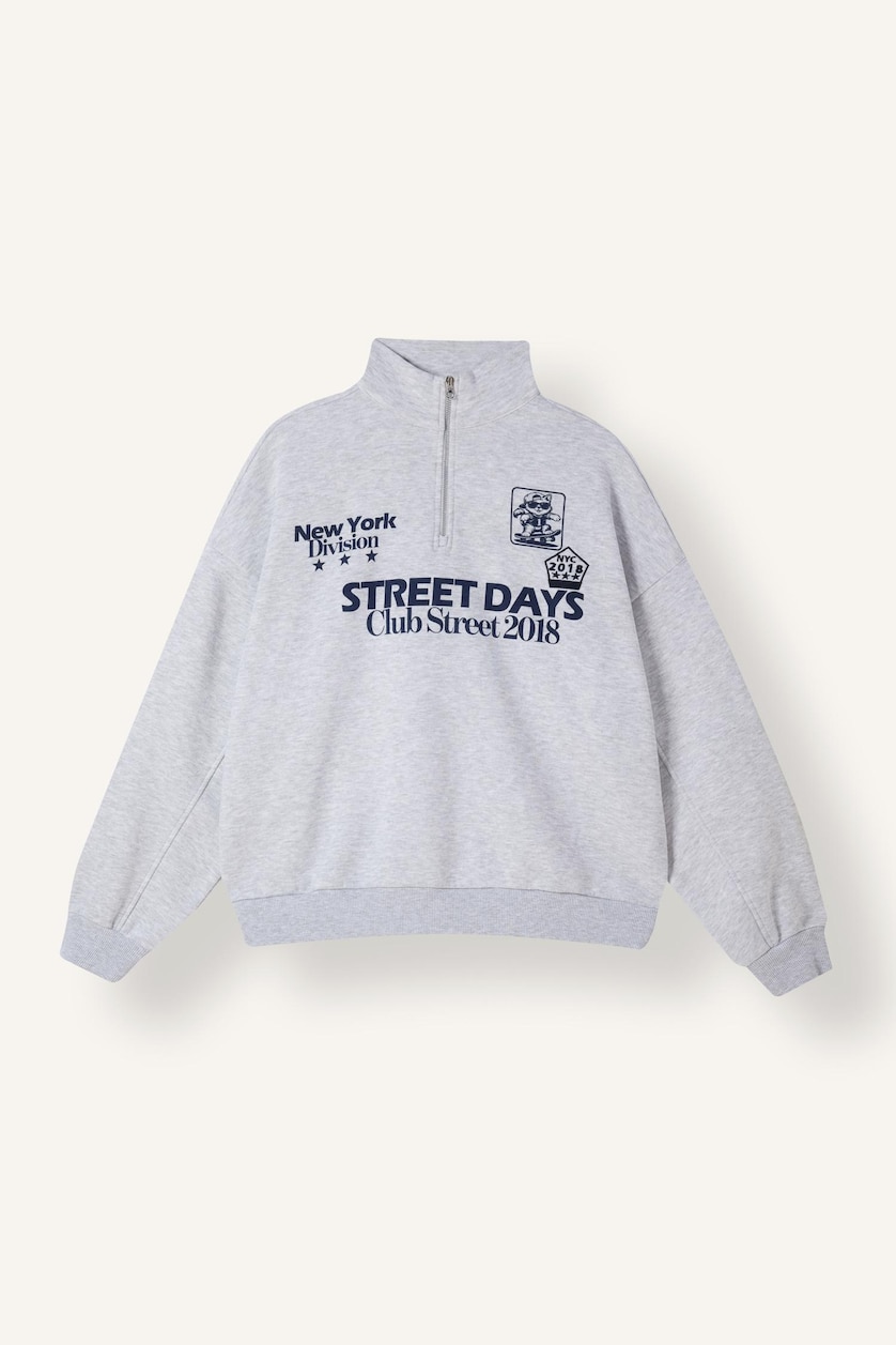 Women Light Grey Melange Oversize Printed Half-Zip Sweatshirt