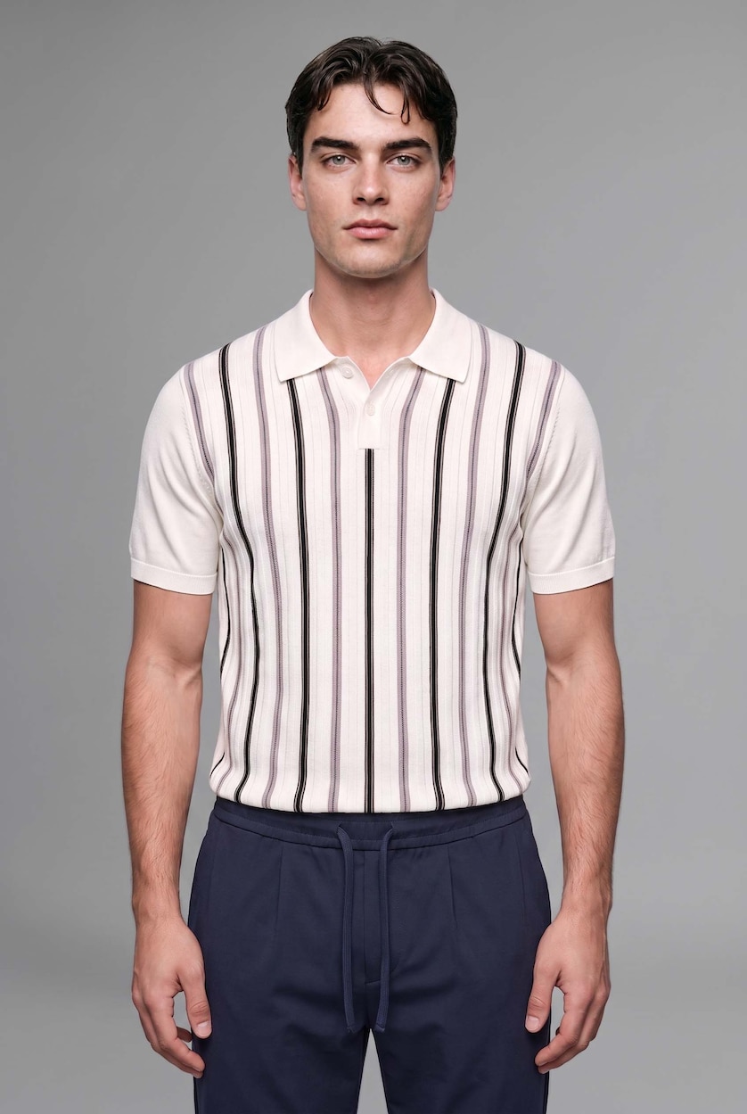 MAN Ecru Standard Fit Striped Knit Polo Shirt