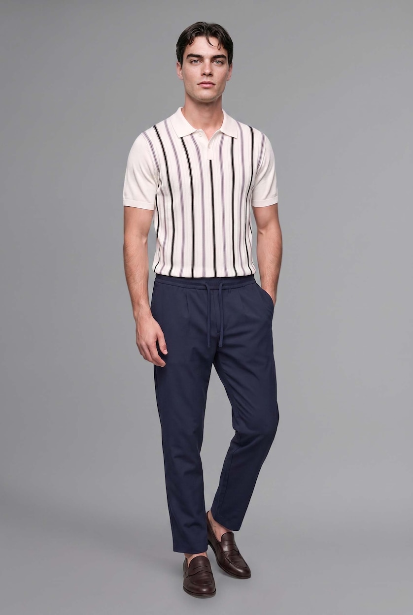 MAN Ecru Standard Fit Striped Knit Polo Shirt