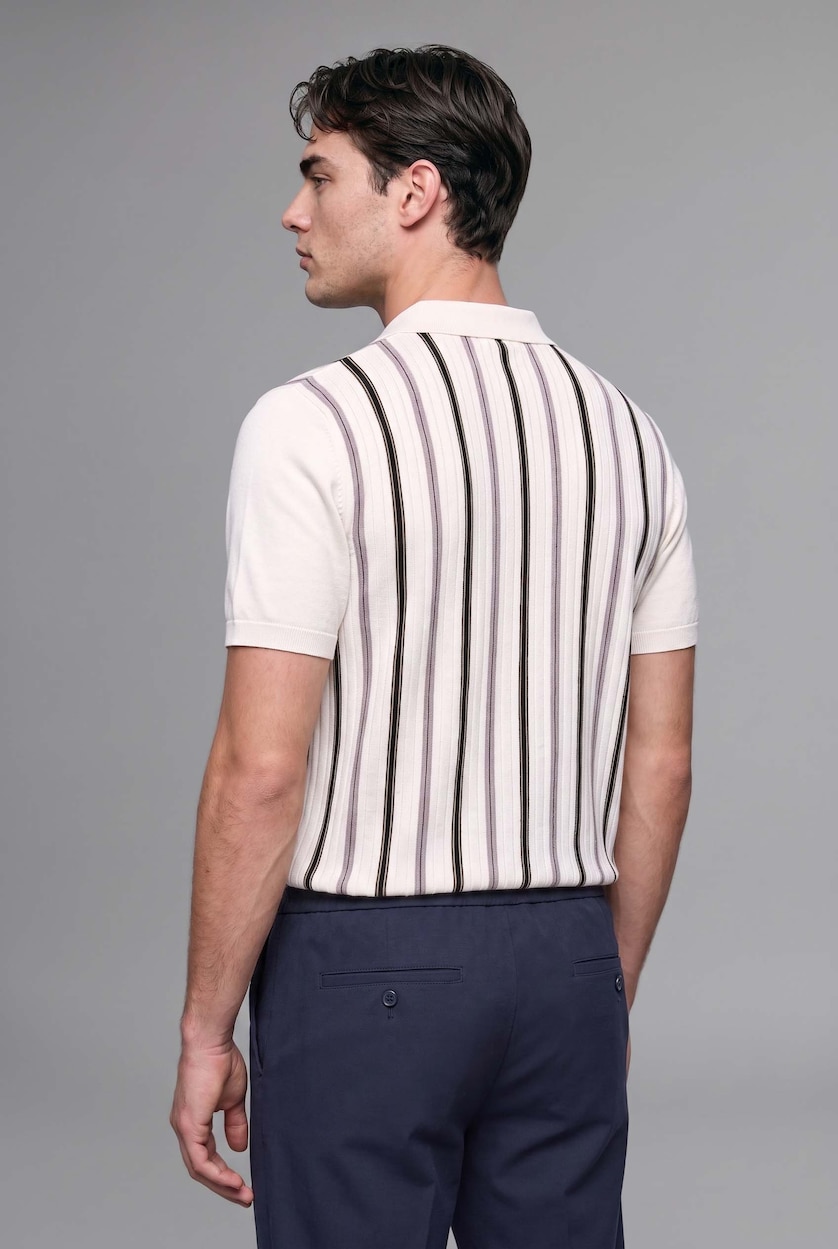 MAN Ecru Standard Fit Striped Knit Polo Shirt