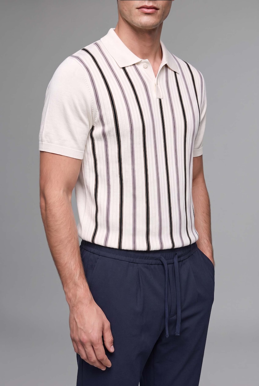 MAN Ecru Standard Fit Striped Knit Polo Shirt