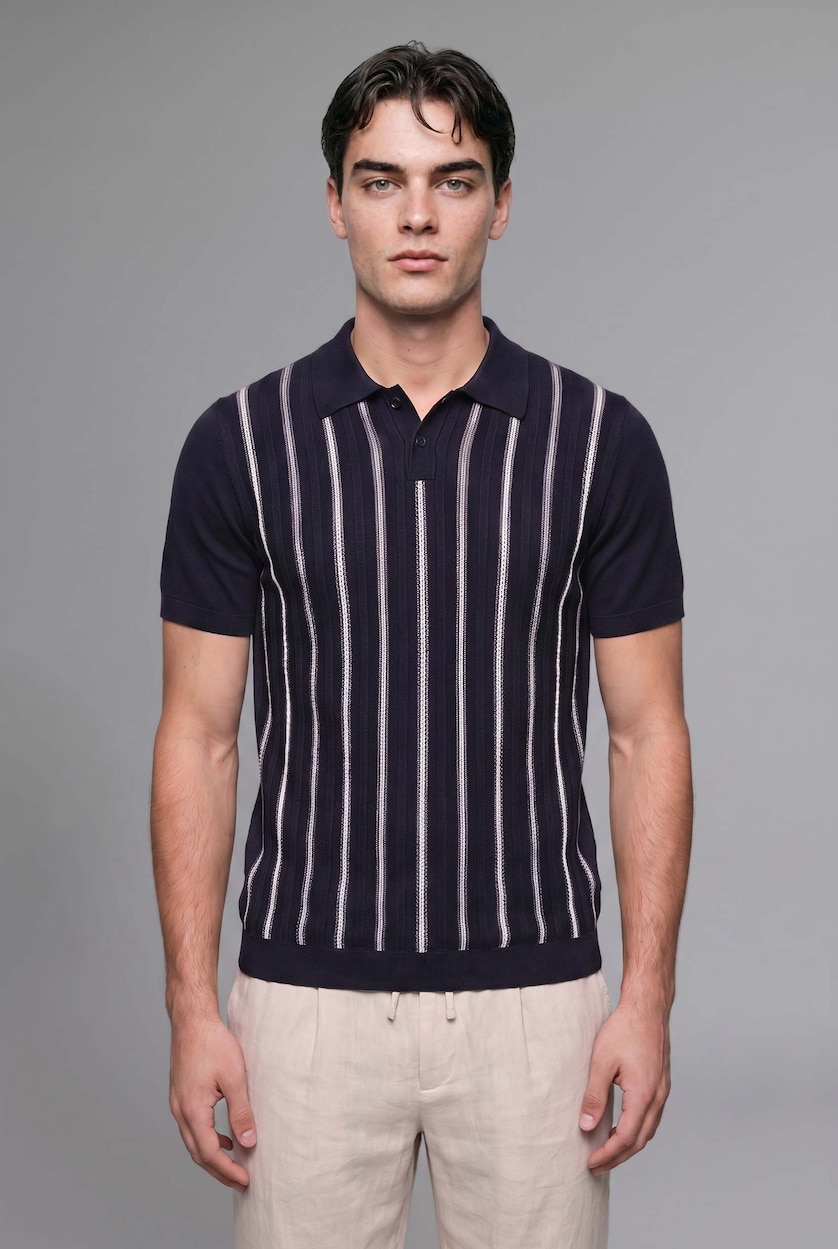 MAN NAVY Standard Fit Striped Knit Polo Shirt