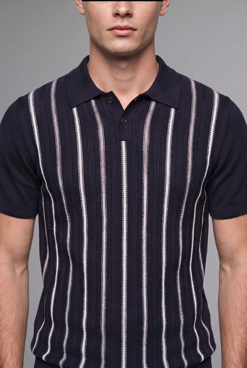 MAN NAVY Standard Fit Striped Knit Polo Shirt