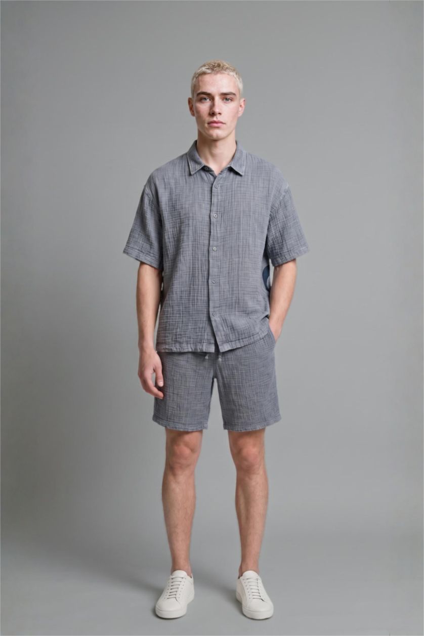 Erkek Mavi %100 Pamuk Relaxed Fit Bermuda Şort