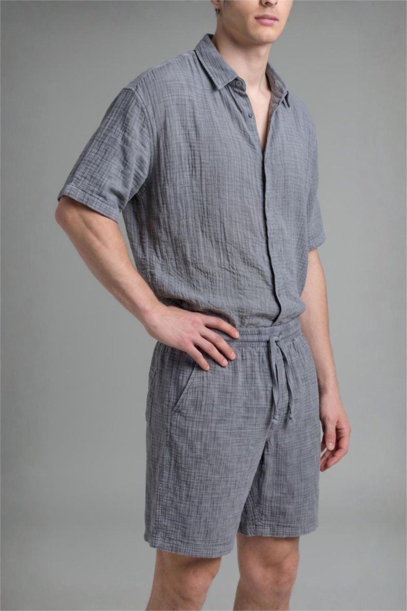 Erkek Mavi %100 Pamuk Relaxed Fit Bermuda Şort