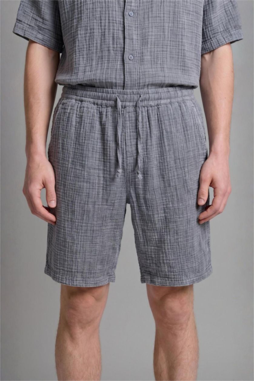 Erkek Mavi %100 Pamuk Relaxed Fit Bermuda Şort
