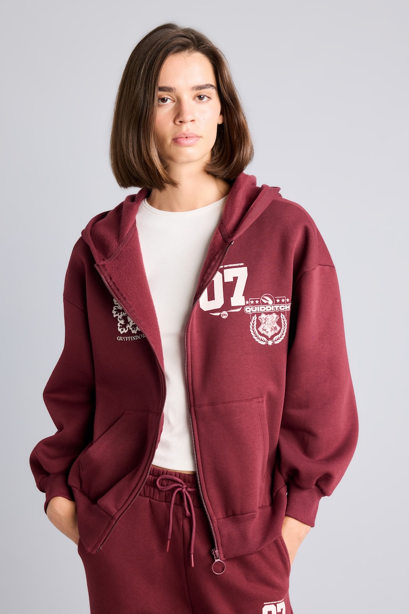 Kadın Bordo Harry Potter Baskılı Oversize Hırka Sweatshirt