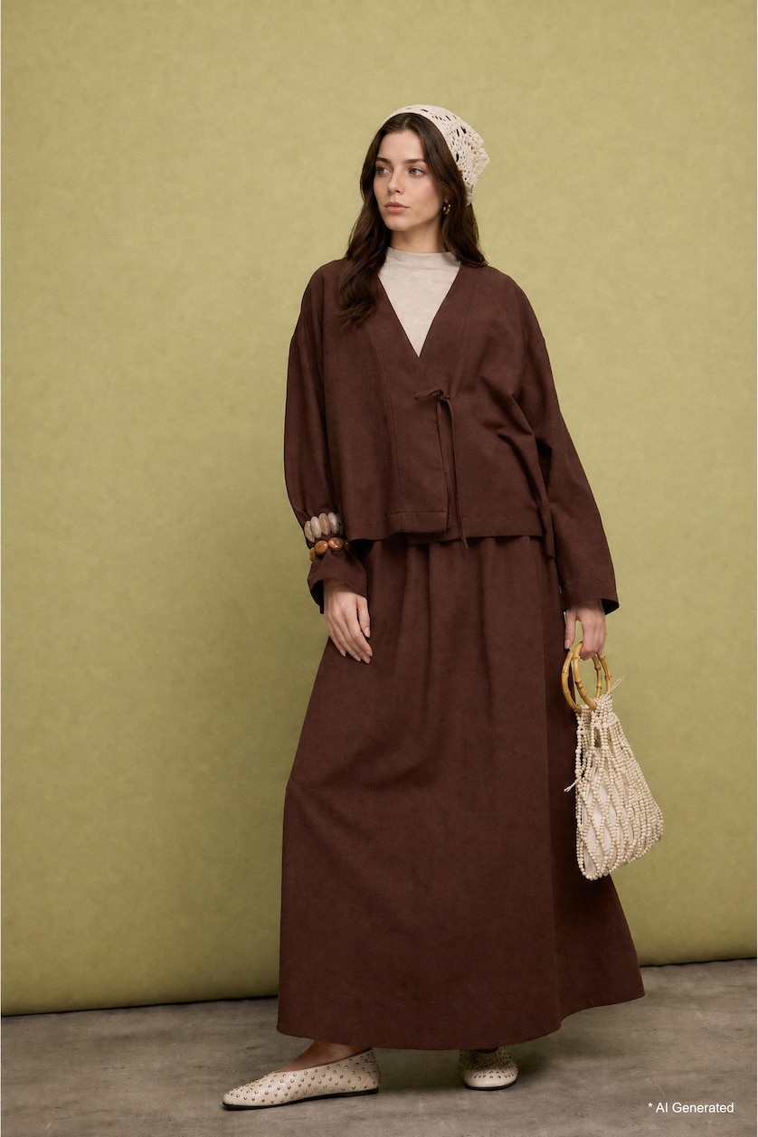 Women Brown A-Length Linen Long Maxi Skirt