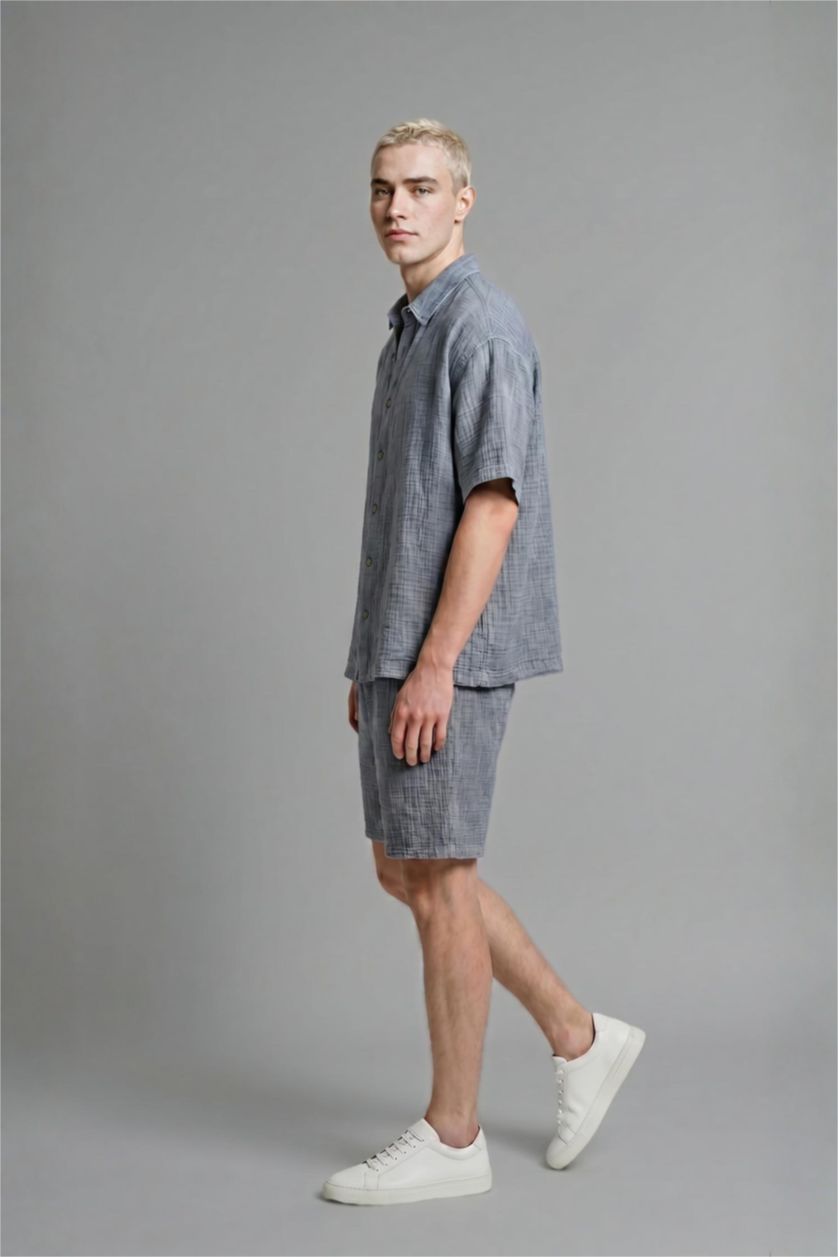 Men Blue Boxy Fit Muslin Short Sleeve Shirt
