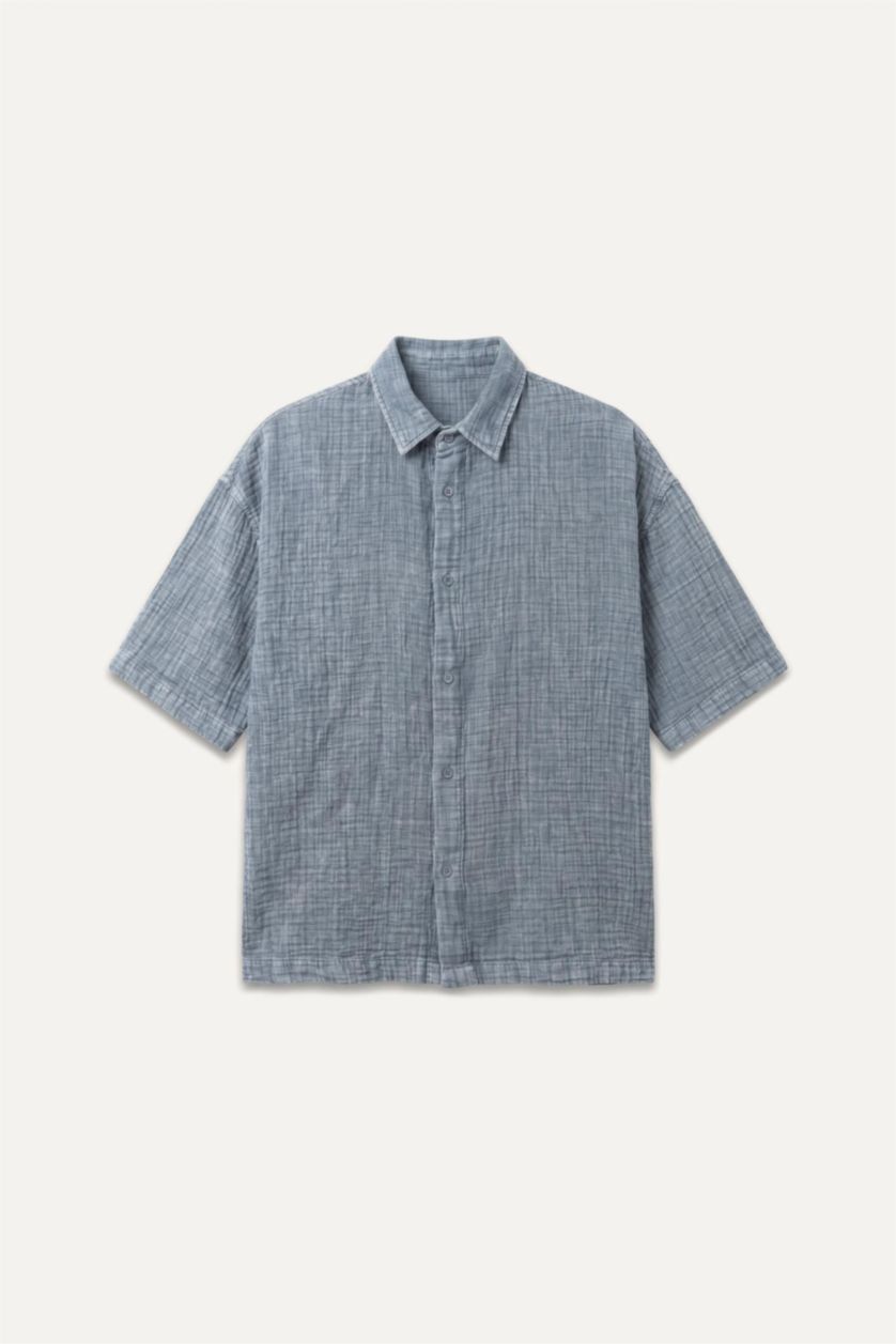 Men Blue Boxy Fit Muslin Short Sleeve Shirt