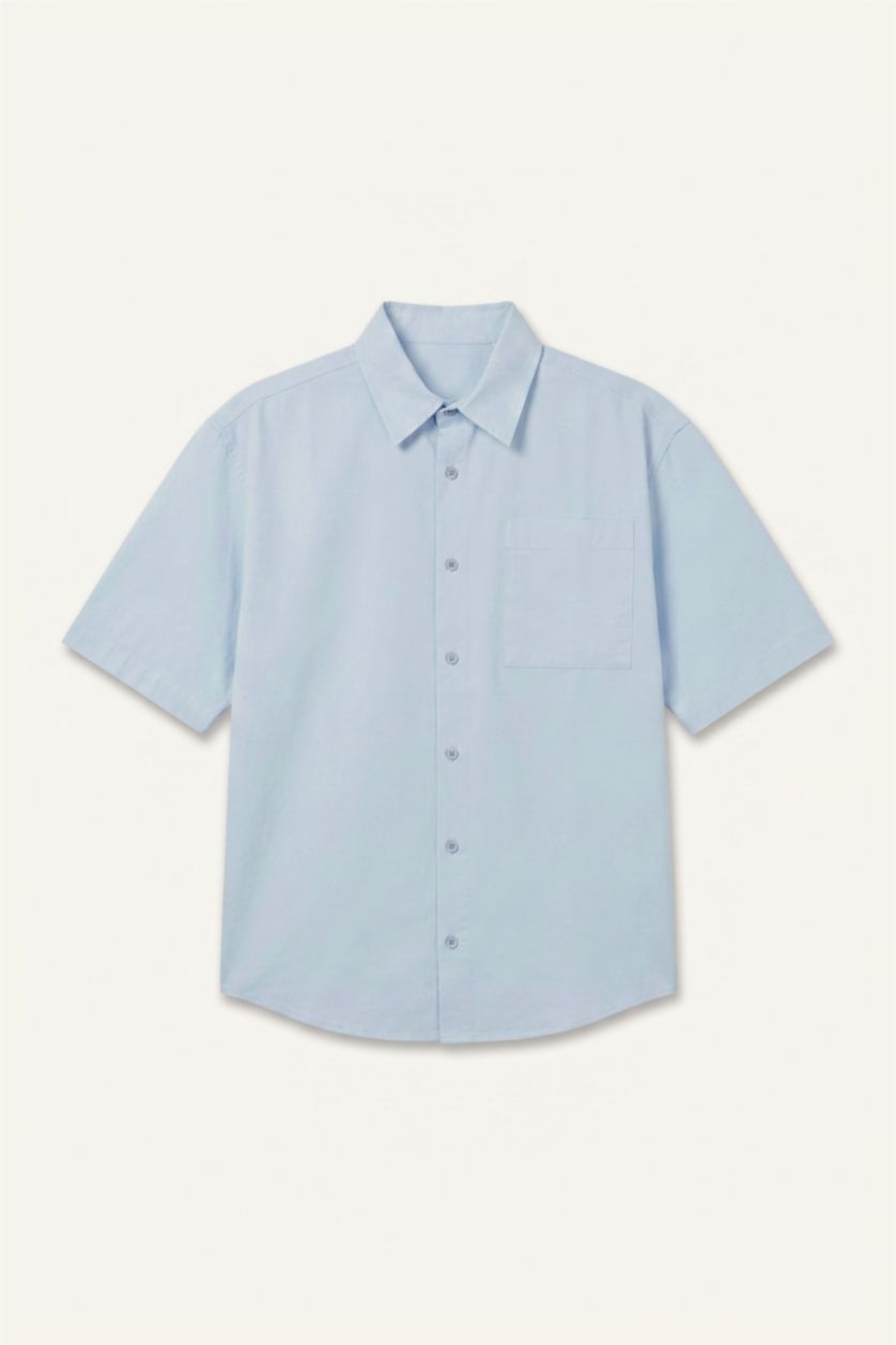 Men Light Blue Boxy Fit Gabardine Short Sleeve Shirt