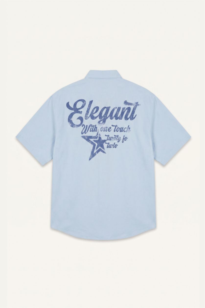 Men Light Blue Boxy Fit Gabardine Short Sleeve Shirt