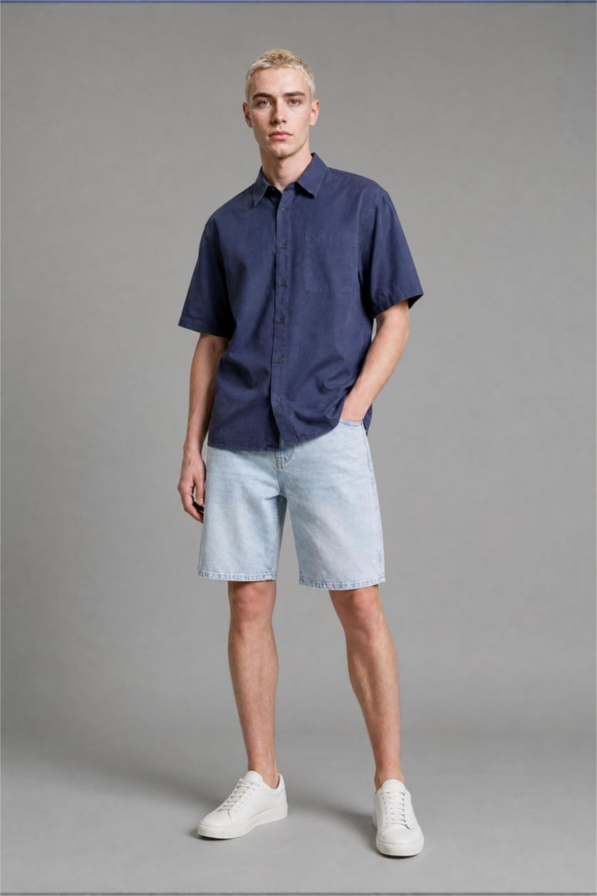 Men Blue Boxy Fit Gabardine Short Sleeve Shirt