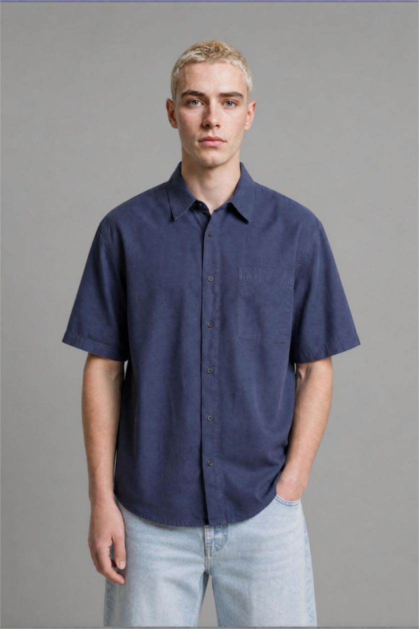 Men Blue Boxy Fit Gabardine Short Sleeve Shirt