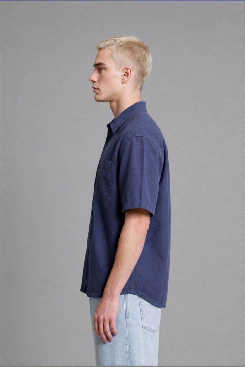 Men Blue Boxy Fit Gabardine Short Sleeve Shirt