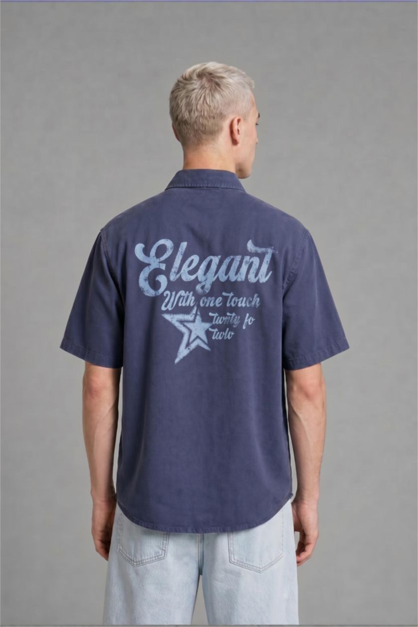 Men Blue Boxy Fit Gabardine Short Sleeve Shirt